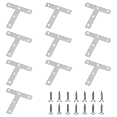 10 pcs 3.14InchT-Shaped Silver Durable Mending Plate, Stainless Steel T Shaped Corner Brackets Flat Repair Plate with Screws, Versatile Joining Plate for Wood Furniture/Cabinet and Desk Users - size: 8cm/3.14inch