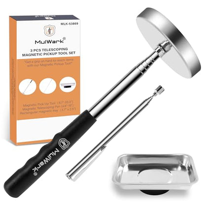 Mulwark 3pcs Telescoping Magnetic Pickup Tool Set with Pull Force, Magnet Stick Extendable up to 33.3in, Telescopic Magnetic Pick-Up Tool with Magnetic Pickup Pen, Rust-Proof Magnetic Tray (Large) - size: Large