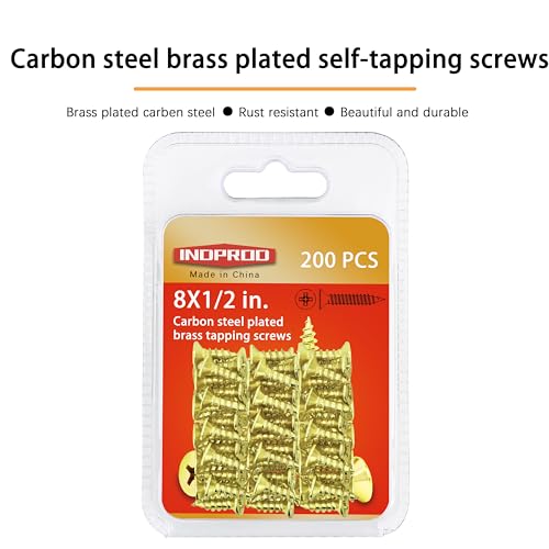 #8 x 1/2" Wood Screw, Phillips Flat Head Self Tapping Screws, Brass Plated Carbon Steel, Brass Plated Screws for Wood, Wood Screws #8 X 1/2 Inch, 200Pcs - size: #8 × 1/2"