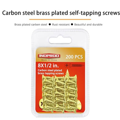 #8 x 1/2" Wood Screw, Phillips Flat Head Self Tapping Screws, Brass Plated Carbon Steel, Brass Plated Screws for Wood, Wood Screws #8 X 1/2 Inch, 200Pcs - size: #8 × 1/2"