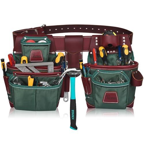 Heavy Duty Nylon and Leather Tool Belt with Cell Phone Pocket Work Suspender | Framing Tool Pouch | Carpenter | Construction | Framers & Electrician
