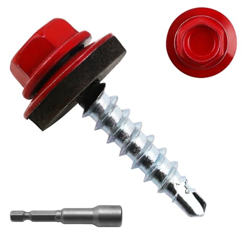 JEGONFRI 300PCS #10 x 1 Red Hex Head Self-Drilling Metal Roofing Screws - color: Red, size: 1 in