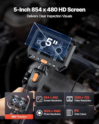 VEVOR Articulating Borescope with 0.15" Ultra Slim Lens, Two-Way Articulated Endoscope with Light, 5" HD IPS Screen, 8X Zoom, 5000mAh Inspection Camera for Auto, Tight Mechanical Spaces - size: 0.15-inch Probe