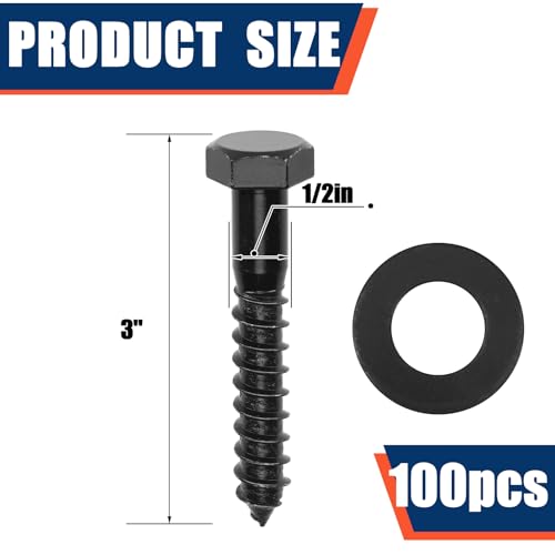 Tandefio 100 Pack 1/2''X 3'' Lag Bolts Screw with Washer Galvanized, Black - size: 1/2''x 3''