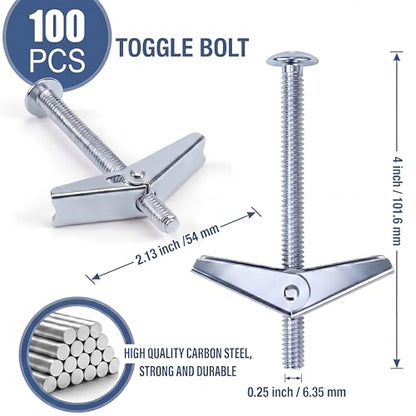 100-Pack 1/4" x 4" Toggle Bolts, Heavy Duty Spring Toggle Anchors for Thick Drywall and Plaster, Zinc Plated Steel Hollow Wall Butterfly Bolts for Mounting Shelving Cabinets TV Brackets - size: 1/4" x 4"