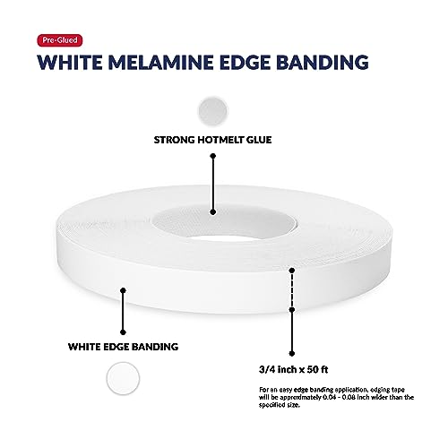 UNMAR White Edge Banding Melamine Iron On Tape Adhesive Wood Board Edging Strips Veneer Trim Laminate Cabinet Furniture MDF Plywood Formica Shelf Stick Countertop (1, White, 3/4 in x 50 ft) - size: 3/4 in x 50 ft