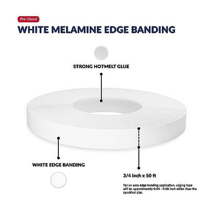 UNMAR White Edge Banding Melamine Iron On Tape Adhesive Wood Board Edging Strips Veneer Trim Laminate Cabinet Furniture MDF Plywood Formica Shelf Stick Countertop (1, White, 3/4 in x 50 ft) - size: 3/4 in x 50 ft