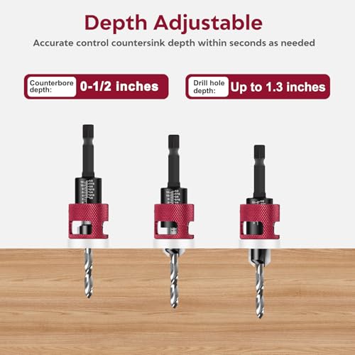 7 Pcs Countersink Drill Bit Set - 5‑Pcs Replaceable 2-Flute TCT Tapered Drill Bits with Low‑Friction Adjustable Depth Stop, 1/4” Hex Shank for Woodworking Tools & Hand Tools