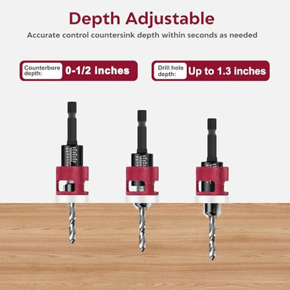 7 Pcs Countersink Drill Bit Set - 5‑Pcs Replaceable 2-Flute TCT Tapered Drill Bits with Low‑Friction Adjustable Depth Stop, 1/4” Hex Shank for Woodworking Tools & Hand Tools