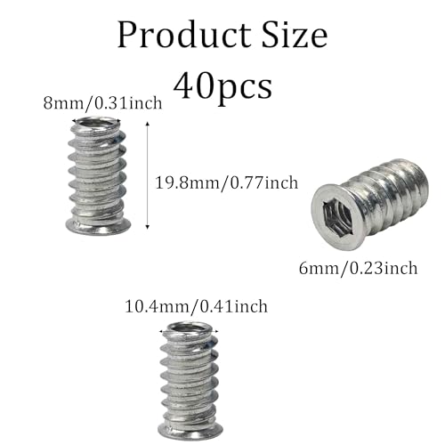 40PCS 1/4-20 x 20mm Threaded Inserts for Wood, Hex Socket Drive Metal Nut Fasteners with Hex Wrench for Furniture Assembly - size: 1/4-20 x 20mm