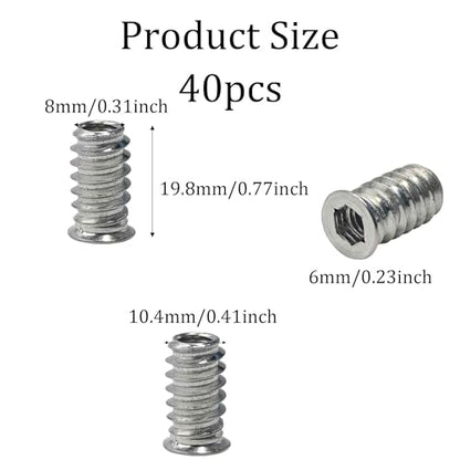 40PCS 1/4-20 x 20mm Threaded Inserts for Wood, Hex Socket Drive Metal Nut Fasteners with Hex Wrench for Furniture Assembly - size: 1/4-20 x 20mm