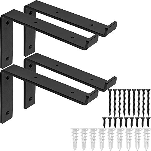 Heavy-Duty Shelf Brackets - Premium Construction Grade 1/4" (6mm) Thick Steel - Matte Black Iron Finish for Modern Farmhouse Rustic Open Shelving w/ Hardware, 4-Pack - (L Bracket w/ Lip, 9.25" x 6") - size: 9.25" x 6", style: L Bracket w/ Lip