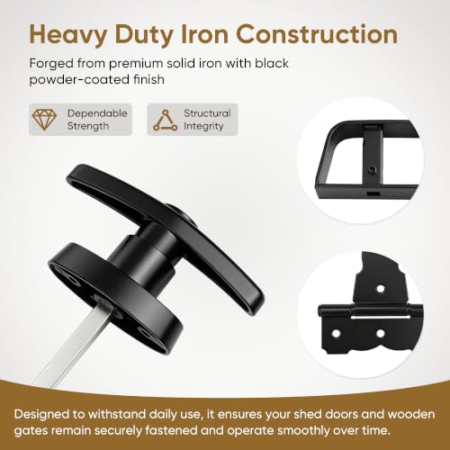 9-Piece Heavy Duty Shed Door Hardware Kit 6.5" Black T-Handle Lock with Keys 6 Anti-Sag Hinges 2 Barrel Bolts for Outdoor Sheds, Barns & Wooden Fence Gates