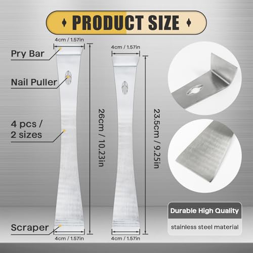 4-Piece 17005 Stainless Steel Pry Bar Scraper Set, 9.25" and 6.7" Trim Puller, Small Flat Pry Bar, Silver Beekeeping Hive Scraper, Bee Hive Hand Tool, 2 Sizes - color: 4-pack