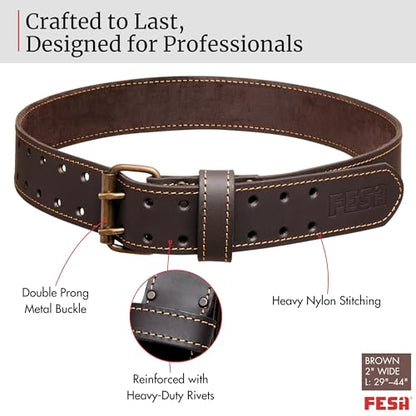 FESA Men's Leather Tool Belt - Handcrafted Top Grain Leather Tool Pouch Belt for Carpenters & Other Trade Professionals - color: Brown - 2" Wide - L