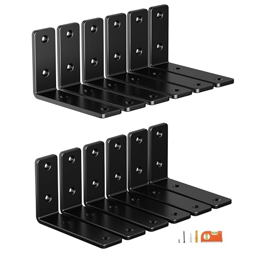 NEODROP 12-Pack 6 Inch Heavy Duty Shelf Brackets, Premium Floating L Bracket for Wall, Kitchen, Mantel Shelves Support | Quarter Inch (1/4") Thick | Black Powder Coated Steel - size: 6 Inch, style: 12 Pack