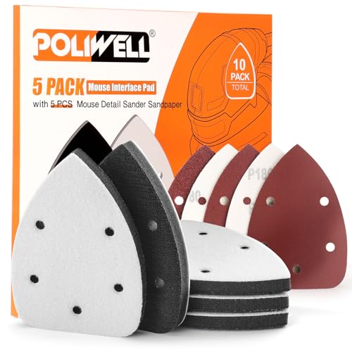 POLIWELL Mouse Sanding Interface Pad 5 Pack 5 Holes Hook and Loop