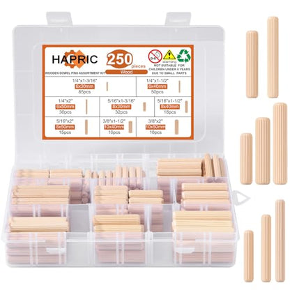 Hapric 250 Pcs 8 Sizes Wooden Dowel Pins Hardware Pins with Box