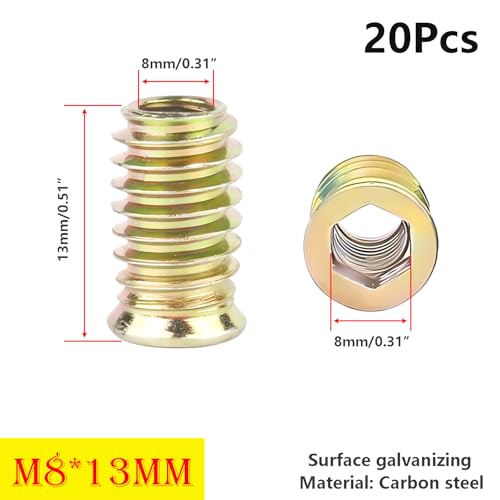 Qrity 20 Pcs Threaded Insert, Hex Drive Threaded Inserts for Wood, Furniture Nuts, Hex Socket Drive M8x13mm, Wood Inserts - size: M8 x 13