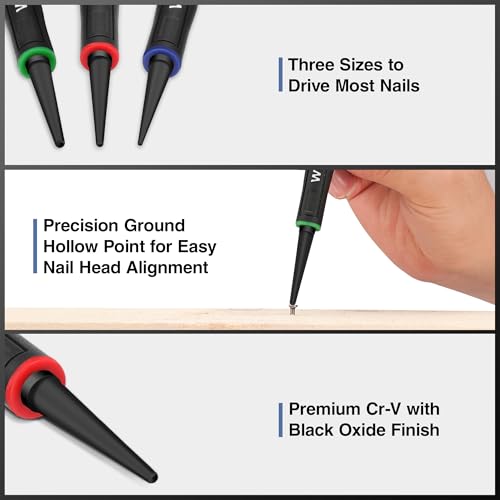 WORKPRO 3-Piece Nail Punch Set, Includes 1/32", 1/16", 3/32" Nail Setter