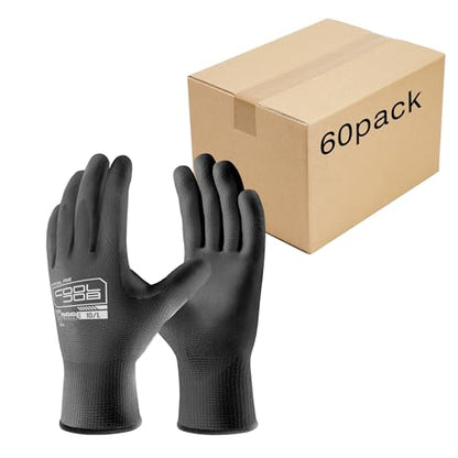COOLJOB 60 Pairs Safety Work Gloves Pack Bulk with Grip PU Coating - color: Black, size: Medium (Pack of 60)