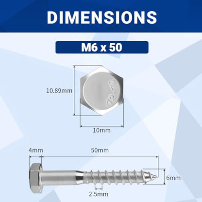 20-Sets M6 x 50mm Hex Head Lag Screws Bolts with Flat Washers, 304 Stainless Steel (18/8), Partial Thread, Heavy Duty Hex Head Lag Deck/Wood Screws - size: M6 x 50mm