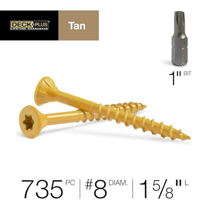 Deck Plus Wood Screws, #8 x 1-5/8in, 5lb Box, 735 Pieces, Tan - color: Tan, size: #8 x 1-5/8", style: 735 pcs