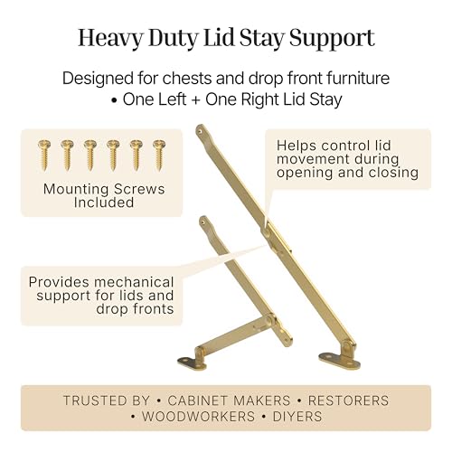 Heavy Duty Brass Plated Lid Stay - One Pair - Lid Support Hinges for Drop Front Desk, Trunk, Chest - SH2-SB - color: Brass