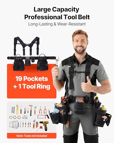 VEVOR Tool Belt, 19 Pockets Tool Pouch with Suspenders for Men, Heavy Duty Adjustable Utility Belt Work Bag Detachable Suspension Rig for Electrician, Carpenter, Construction, Adjust Waist 31 to 51in - size: 19 Pockets