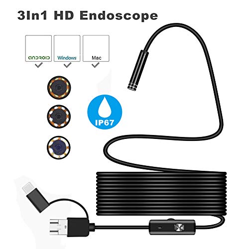 3 in 1 Endoscope Inspection Camera Borescope HD Camera Waterproof Snake Pipe Drain with 6 Adjustable Led Light Snake Cable USB Adapter for Android Phone Tablet Device(Size:2 M)