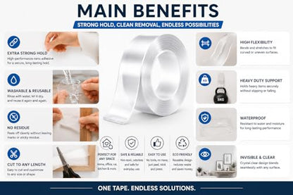 Double Sided Mounting Tape, Heavy Duty Clear Adhesive Tape, Removable Wall Mounting Tape for Home, Office, Crafts & DIY, 3m x 3cm, 1mm Thick