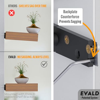 EVALD LevelMate™ Titan-Mount 6 Inch Floating Shelf Brackets, Heavy Duty Hidden Shelf Brackets for Floating Shelves, Black Carbon Steel Shelf Supports with Screws & Anchors (4 Pack) - size: 6 Inch, style: 4 Pack Titan-mount