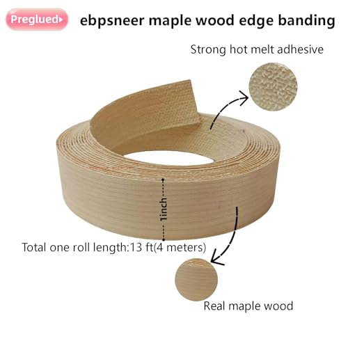 Real Maple Wood Veneer Edge Banding Tape,1 inch×13ft Preglued Iron On Edging Band Roll with Self Hot Melt Adhesive, Prefinished Flexible Edgebanding Strip for Laminate Furniture Cabinet Repair - style: Maple
