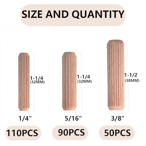 Fluted Wood Dowel Pins, 250Pcs Fluted Wood Dowels Rods 1/4inch 5/16inch 3/8inch, Hardwood Crafts Dowel Pegs,for Crafts, Furniture, DIY Manual (250 Pack Assorted Sizes) - size: 250 Pack Assorted Sizes