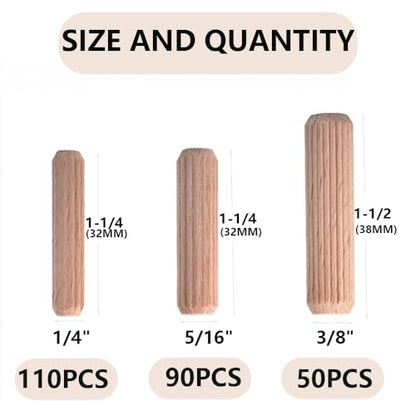 Fluted Wood Dowel Pins, 250Pcs Fluted Wood Dowels Rods 1/4inch 5/16inch 3/8inch, Hardwood Crafts Dowel Pegs,for Crafts, Furniture, DIY Manual (250 Pack Assorted Sizes) - size: 250 Pack Assorted Sizes
