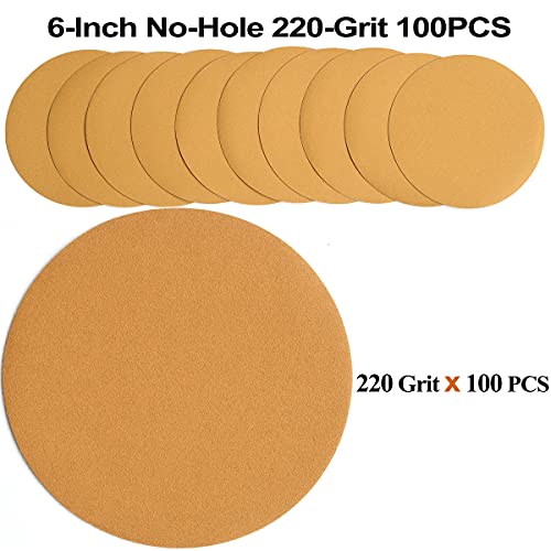 6-Inch No-Hole Hook and Loop Gold Sanding Discs 220-Grit, 100-Pack