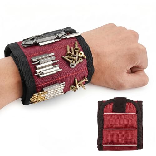 Magnetic Wristband, Stocking Stuffers, Gifts for Men, Premium Tool Belt for Holding Screws Nails Drill Bits with Powerful Magnets, Cool Gadgets, DIY (Red) - color: Red