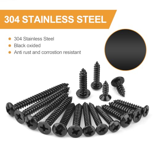 VIGRUE 425PCS #6#8 Black Wood Screw Set, Black Oxide 304 Stainless Steel Phillips Pan and Flat Head Self Tapping Screws Assortment Kit, Length 1/2" to 1-1/2" - size: 425PCS #6#8 Black Wood Screws