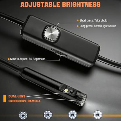 Dual-Lens Endoscope Camera with Light, 1080P HD Borescope with 8 LED Lights