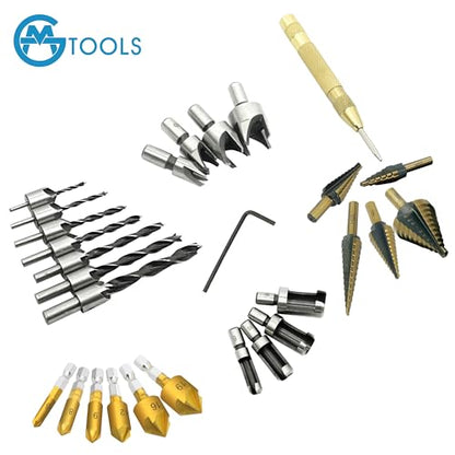 GMTOOLS 28Pcs Woodworking Chamfer Drilling Tools-Countersink Bit, Step Drill Bit Set, Wood Plug Cutter Drill Bit Set (2 Styles), 5-Flute Countersink Drill Bit, Positioning Punch and 1pc Hex Wrench - style: Set 27pcs