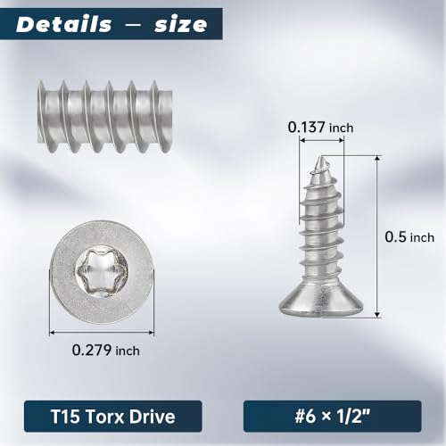 Glvaner 100-pack #6 x 1/2" Torx Flat Head Self Tapping Wood Screws, 304 Stainless Steel 18/8, Indoor/Outdoor Use, Includes Torx Bit - size: #6 x 1/2