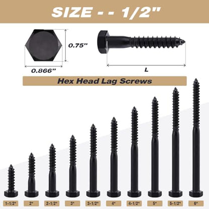 6-Sets 1/2 x 6 Hex Lag Screws and 1/2" ID Flat Washers, 304 Stainless Steel 18/8, Black Coated, Heavy Duty Wood Screws for Deck/Fence/Floor, by AOESIN - size: 1/2 x 6"