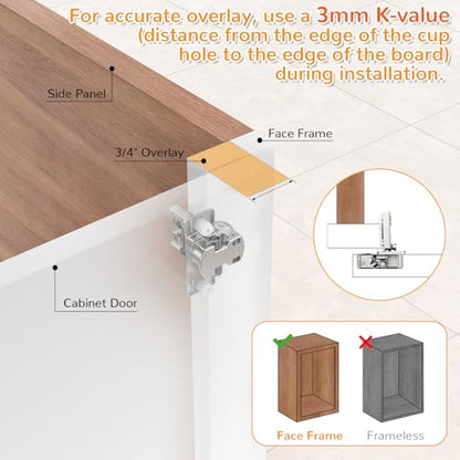 Chibery 30 Pack 3/4” Overlay 4D Soft Close Cabinet Hinges, Concealed Face Frame, Adjustable Closing Speed, 105° Opening Smooth Slow, Hidden Self Closing for Kitchen Corner, Cupboard (with Template) - size: 3/4” Overlay