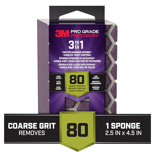 3M Pro Grade Precision 3-in-1 Sanding Sponge, 80 Grit Coarse, for Woodworking, Drywall Prep, and Refinishing, 2.5 in x 4.5 in x 1 in - size: 2.5 in x 4.5 in x 1 in - 1 Sponge, style: 80 Grit Coarse