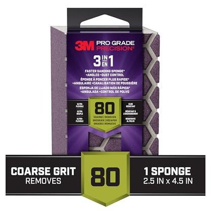 3M Pro Grade Precision 3-in-1 Sanding Sponge, 80 Grit Coarse, for Woodworking, Drywall Prep, and Refinishing, 2.5 in x 4.5 in x 1 in - size: 2.5 in x 4.5 in x 1 in - 1 Sponge, style: 80 Grit Coarse