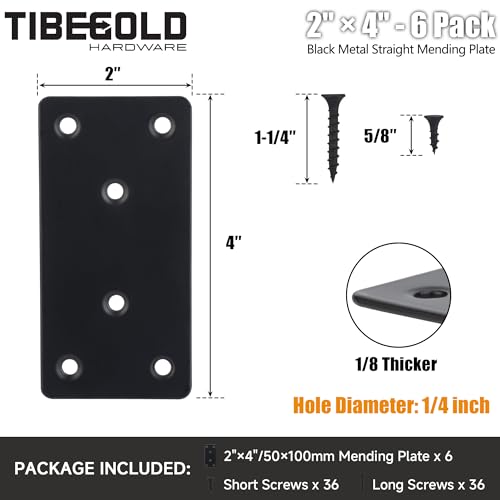 Mending Plate, Black Metal Flat Straight Brace Bracket, Double-Wide Metal Plate, Joining Plate for Wood Furniture Fence Fastening with Screws in 2 Different Lengths (50x100mm, 6 Pack) - size: 2" × 4"