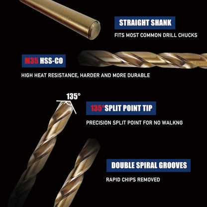 29pcs Cobalt Drill Bits Set M35 HSS Jobber Drill Bits Set 1/16"-1/2" - color: Bronze, size: 1/16"-1/2"