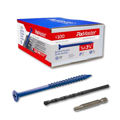 1/4 x 3-3/4" Countersunk Phillips Flat Head Blue Concrete Screw Anchors (100 pcs Screw Kit) with one Screwdriver and Drill Bit for Concrete, Masonry, Block, Brick and Wood Fastening - size: 1/4 x 3-3/4 in