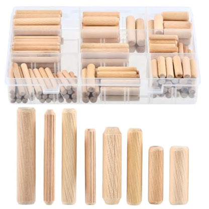 BUGYOO 200Pcs Wooden Dowel Pins with Tapered End with Bevel Angle Groove Wood Peg - 9 Sizes, Small Wooden Dowels Fluted Dowel Pins Assorted Used for Crafts, Furniture, Door, Woodworking