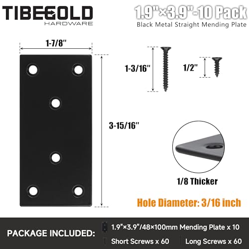 Mending Plate, Black Metal Flat Straight Brace Bracket, Double-Wide Metal Plate, Joining Plate for Wood Furniture Fence Fastening with Screws in 2 Different Lengths (48x100mm, 10 Pack) - size: 1.9"×3.9"/48*100mm